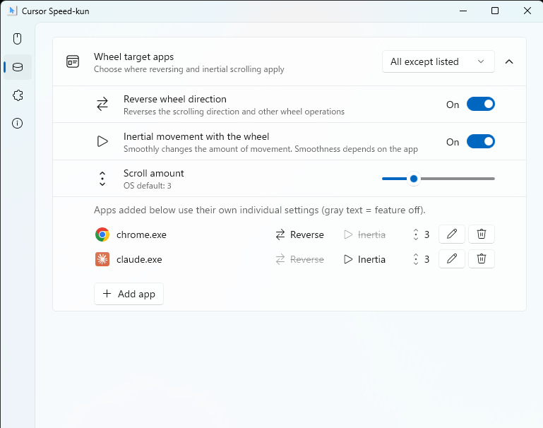 Settings window (Wheel tab): scroll options